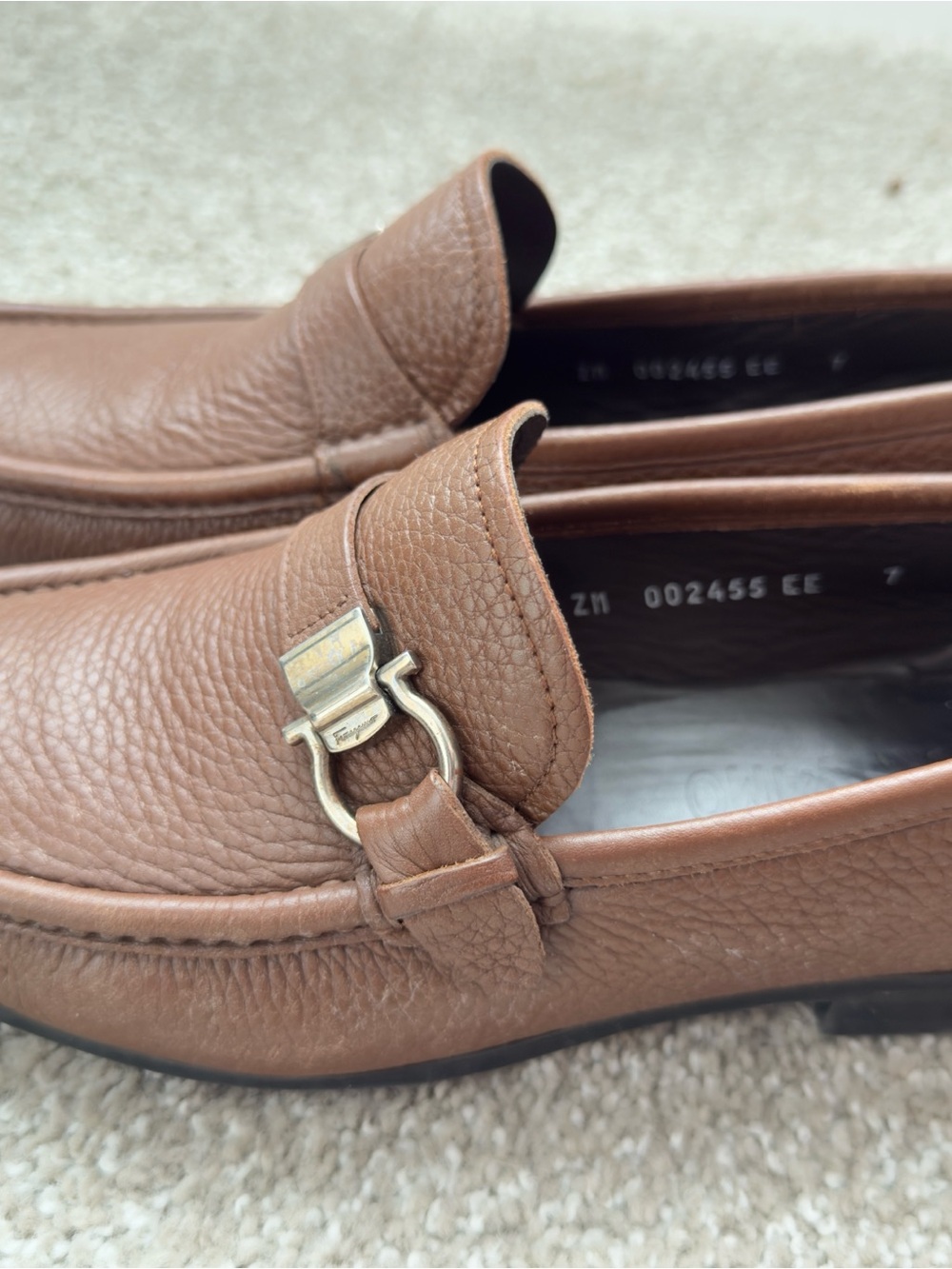Salvatore Ferragamo Hickory Pebbled Leather Slip-On Loafers with Metal Bit